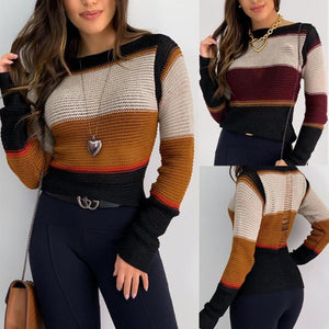 Colorblock Long Sleeve Ladder Cutout Knit Top