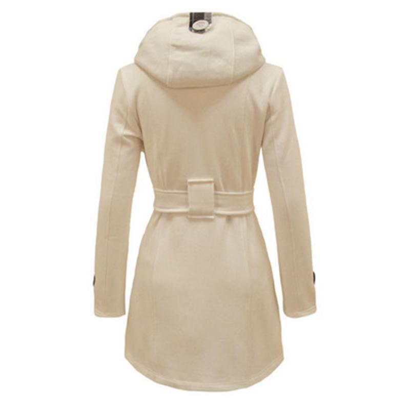 Women Double Breasted Slim Hoodie Solid Casual Long Pea Coat with Belt