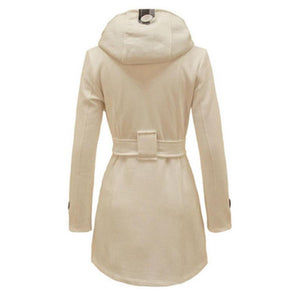 Women Double Breasted Slim Hoodie Solid Casual Long Pea Coat with Belt