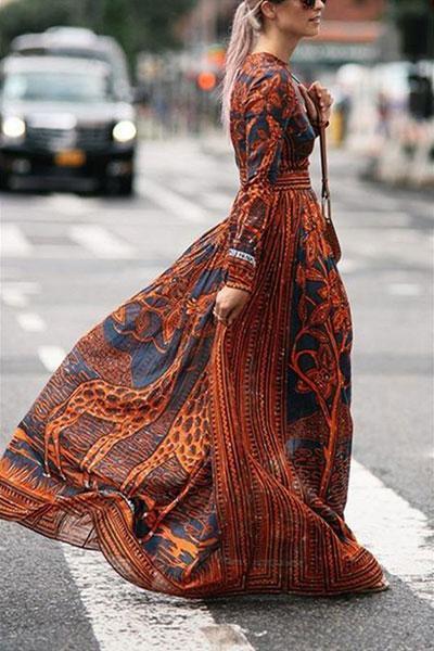 Best Chiffon Print Long-Sleeved Vintage Maxi Dress