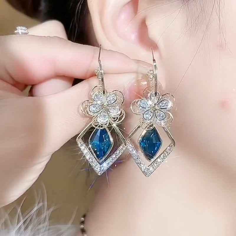 Flower Zircon Rhombic Sapphire Drop Earrings