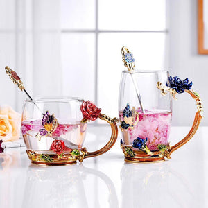 Enamel Rose Glass Tea Cup Set (With Spoon)