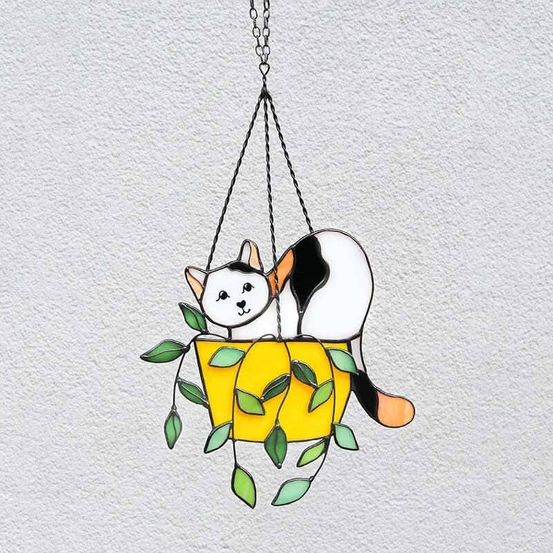 Cat in a flowerpot Suncatcher Stained Glass Window Hangins