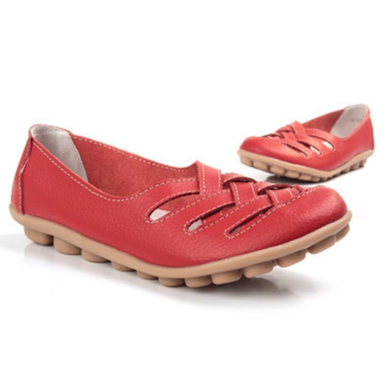 Hollow-Out Split Leather Slip-On Women's Flats