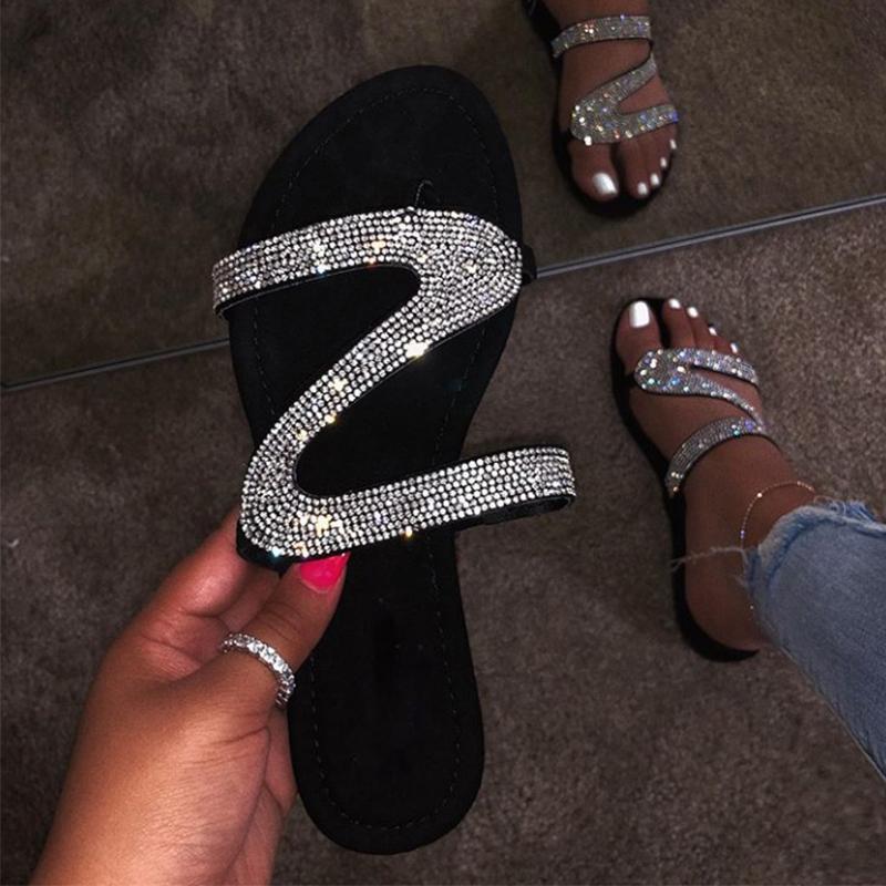 Women Shiny Slippers Casual Embellished Toe Post Shoes