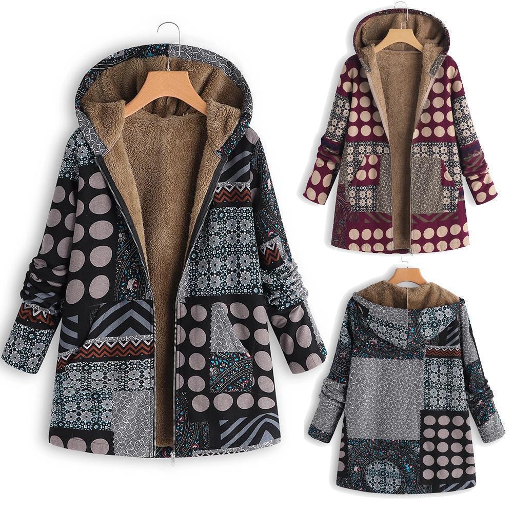 Dotted coat with hood and patchwork pattern