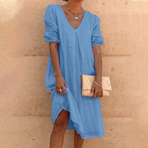 V-neck solid-colored midi dress