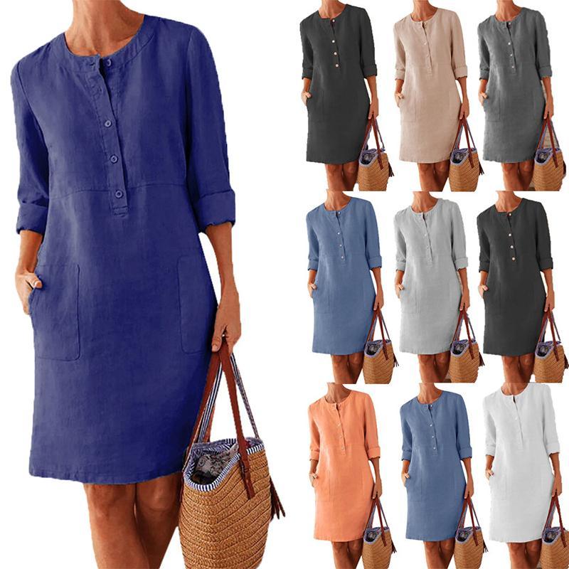 Women Solid Color Cotton and Linen Dress