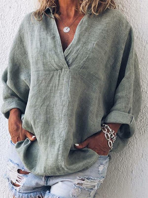 Women V Neck Thin Summer Linen Plus Size Casual Loose Tops