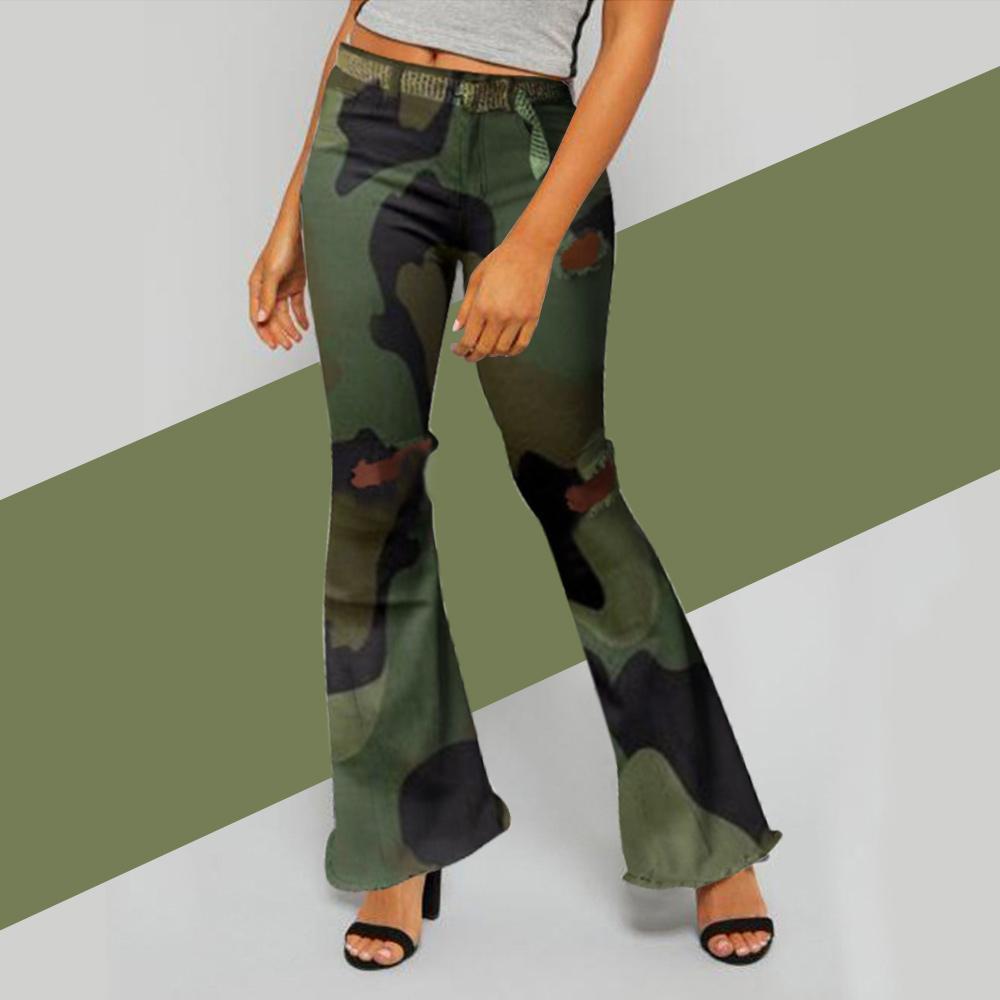 Camouflage Print Hole Flared Pants