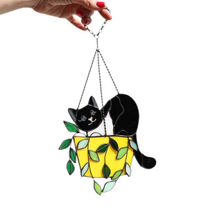 Cat in a flowerpot Suncatcher Stained Glass Window Hangins