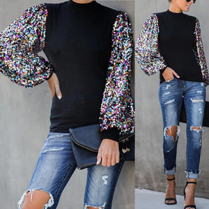 Half Turtle Neck Sequins Blouse