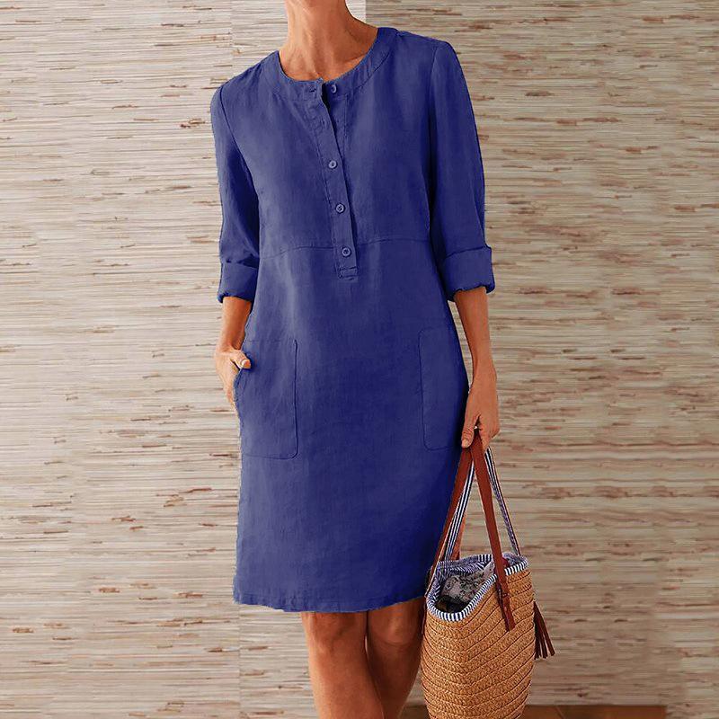 Women Solid Color Cotton and Linen Dress