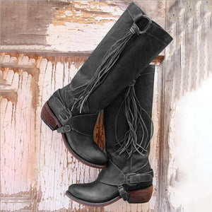 Women Vintage Tassel Knot Knee High Boots