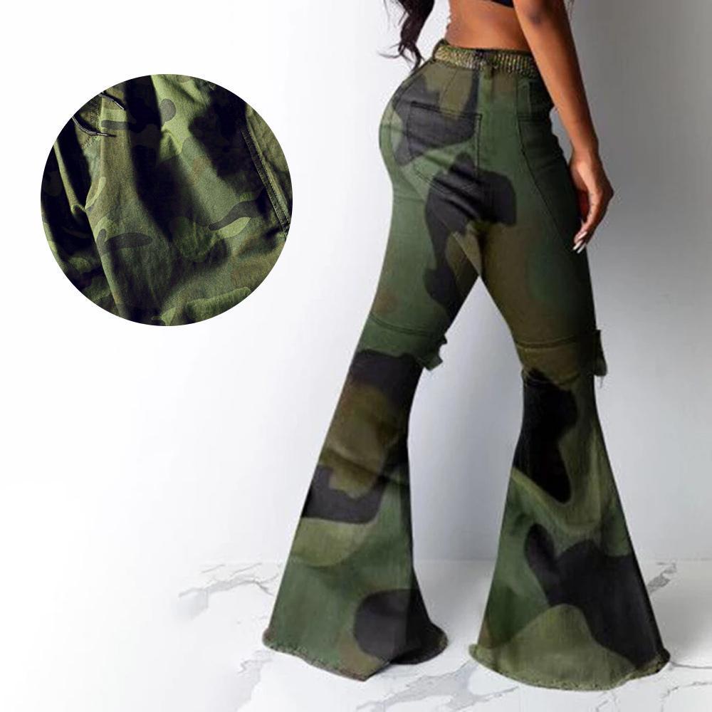 Camouflage Print Hole Flared Pants