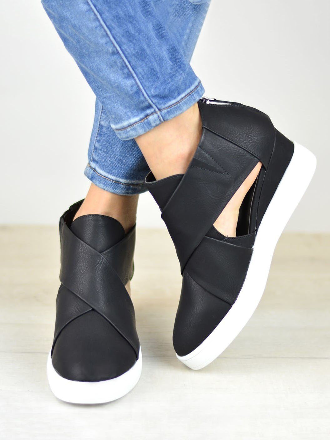 Women Spring Cut Out Ankle Boots Wedge Sneakers Plus Size Shoes