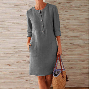 Women Solid Color Cotton and Linen Dress