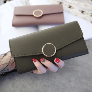 Women Long Pu Leather Zipper Metal Circle Decor Wallet