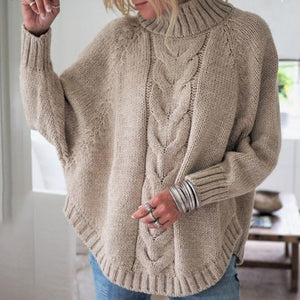 High Neck Cable Knit Rounded Hem Sweater