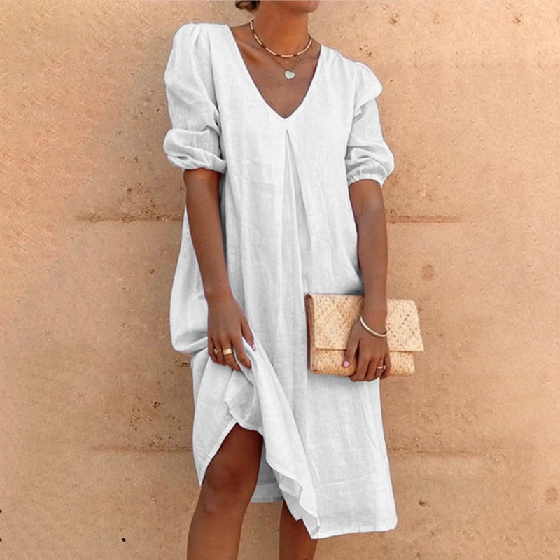 V-neck solid-colored midi dress