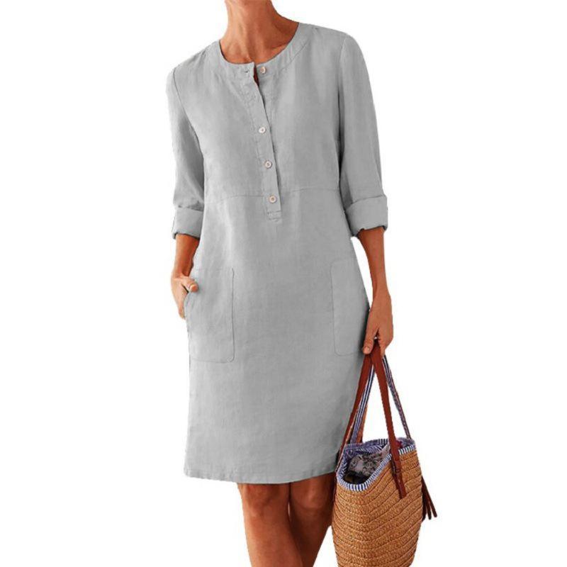 Women Solid Color Cotton and Linen Dress