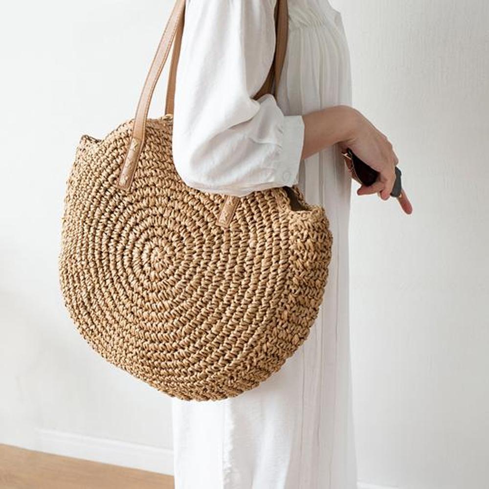 Hand Woven Round Ladies Bohemian Summer Straw Beach Bag