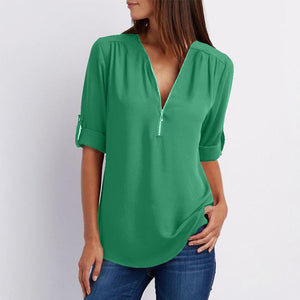 V Neck Zipper Patchwork Plain Blouses