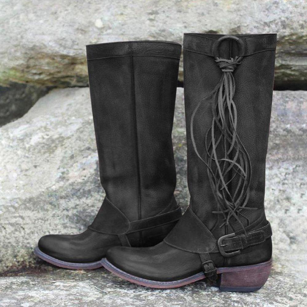 Women Vintage Tassel Knot Knee High Boots