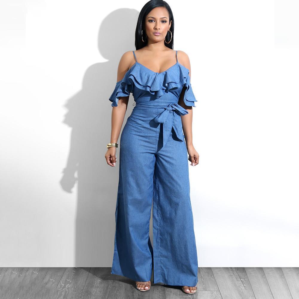 Sling Low-cut Ruffled Wide-leg Jumpsuit