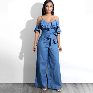 Sling Low-cut Ruffled Wide-leg Jumpsuit