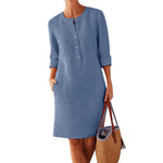 Women Solid Color Cotton and Linen Dress