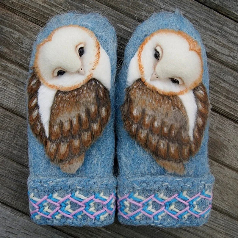 Hand Knitted Nordic Mittens With Owls