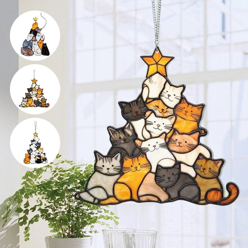 Cat Christmas Tree Suncatcher Ornament