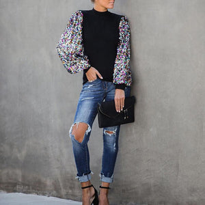 Half Turtle Neck Sequins Blouse