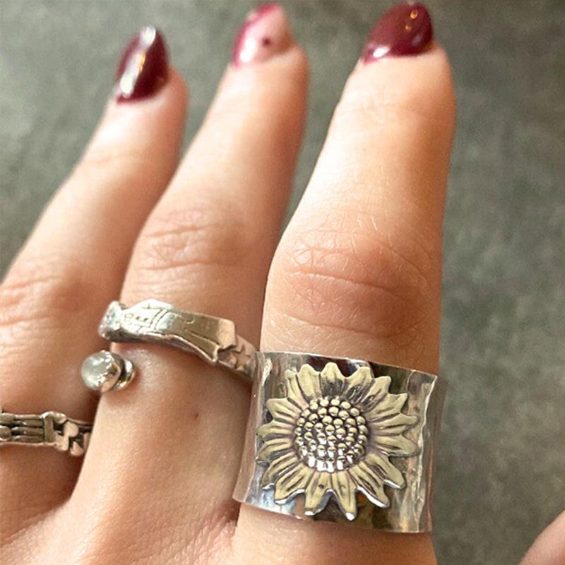 Golden Sunflower Wide Band Ring