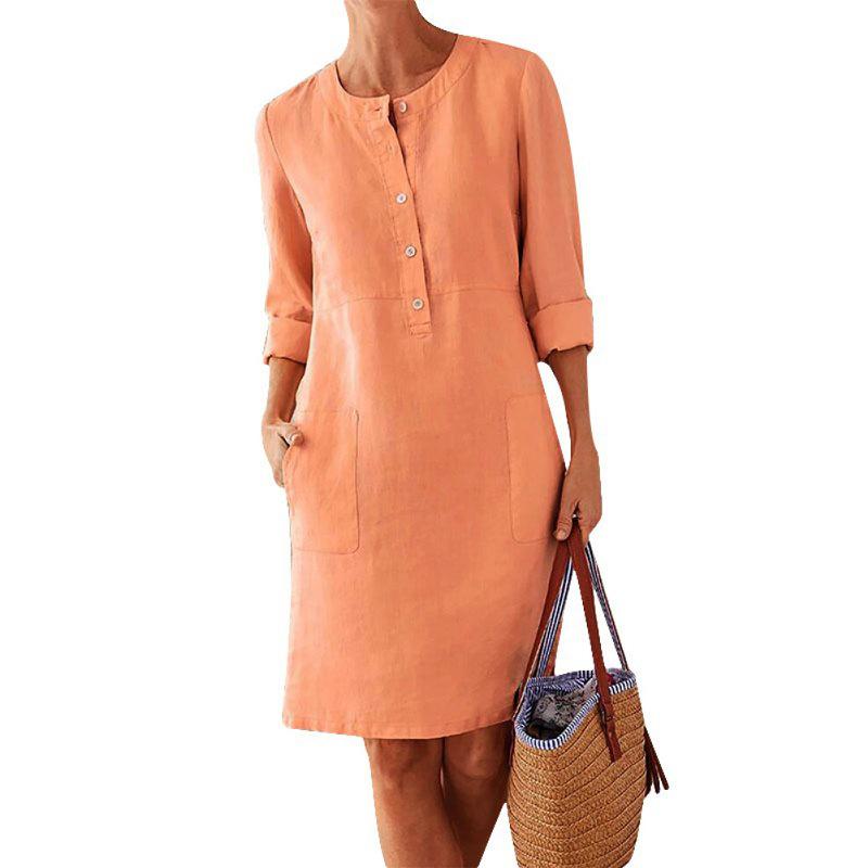 Women Solid Color Cotton and Linen Dress