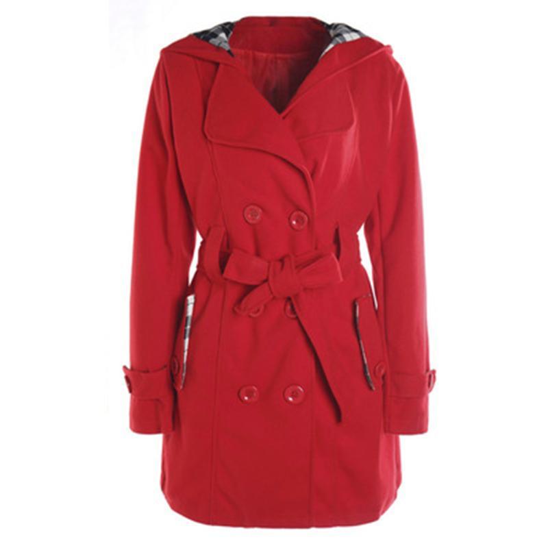 Women Double Breasted Slim Hoodie Solid Casual Long Pea Coat with Belt