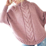 High Neck Cable Knit Rounded Hem Sweater