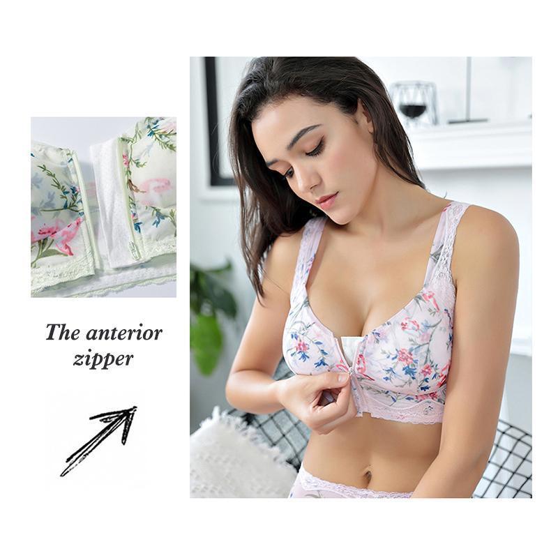 Front Zipper Massage Padding Print Lace-trim Bras