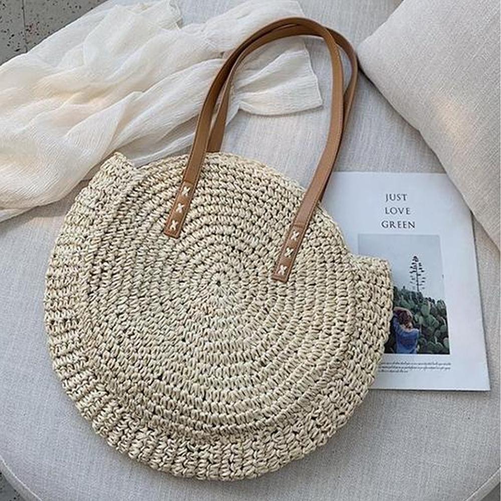 Hand Woven Round Ladies Bohemian Summer Straw Beach Bag