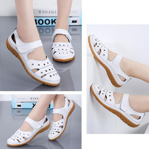 Leather Hollow Out Hook Loop Casual Flat Sandals For Women