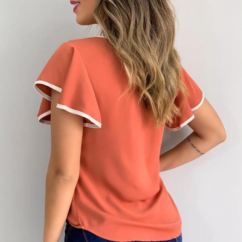 Cutout Ruffles Sleeve Contrast Binding T-shirt