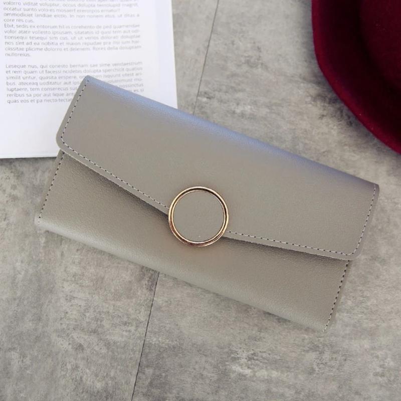 Women Long Pu Leather Zipper Metal Circle Decor Wallet