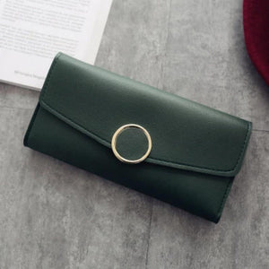 Women Long Pu Leather Zipper Metal Circle Decor Wallet