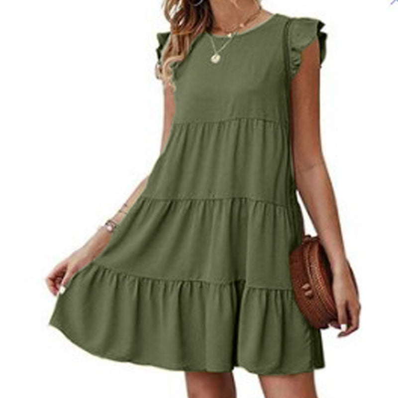 Solid Color Round Neck Pleated Skirt