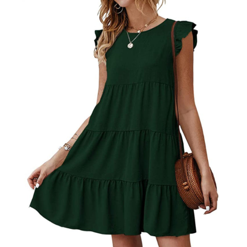 Solid Color Round Neck Pleated Skirt