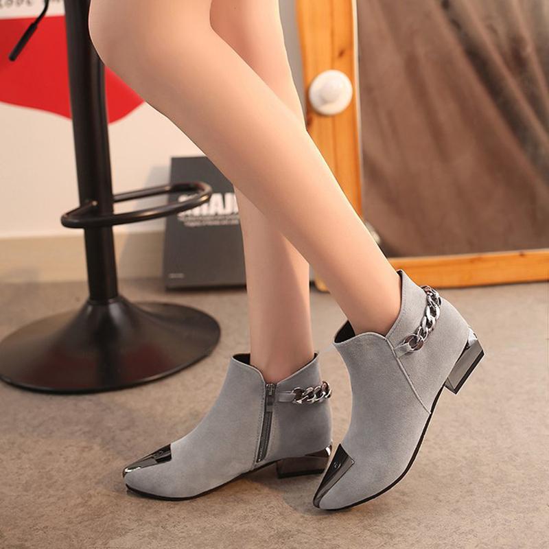 Women Med Square Heel Metal Decoration Ankle Boots