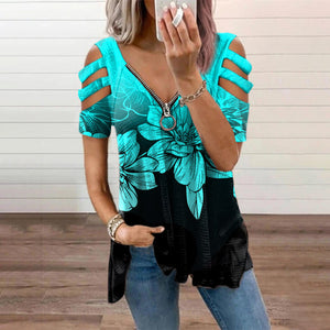 V-Neck Zip Pullover Print Short Sleeves