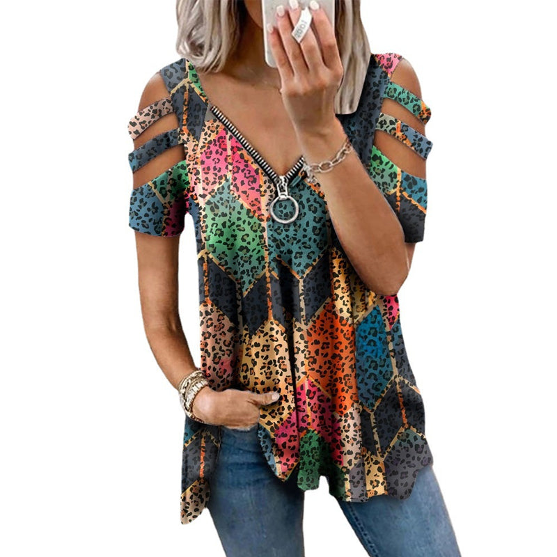 V-Neck Zip Pullover Print Short Sleeves