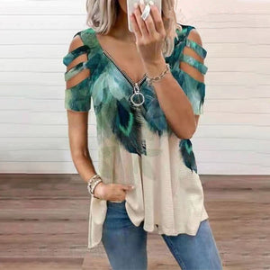 V-Neck Zip Pullover Print Short Sleeves